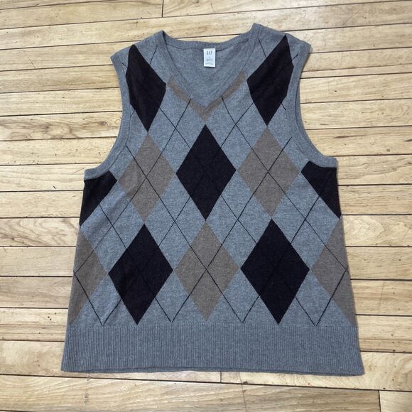 GAP Argyle Sweater Vest Wool Blend Men S Gray Brown Knit V Neck Pullover S 38" - Picture 10 of 16